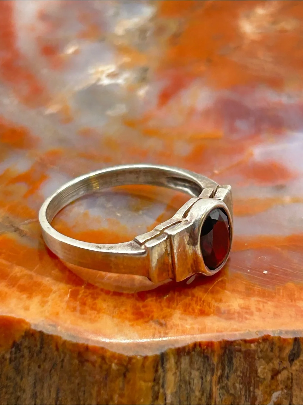 Minimalist Art Deco Style Garnet Ring, Sterling Silver - Size 8